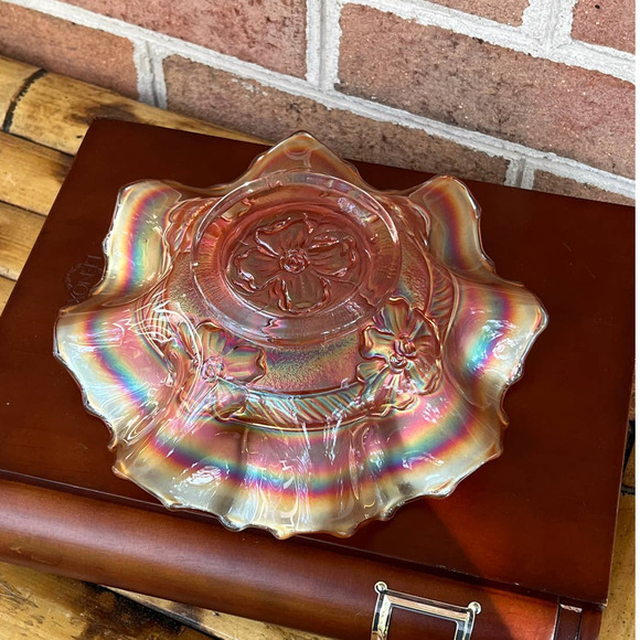 Antique Dugan Diamond Pink Stretch Apple Blossom Carnival Glass Bowl 8" - Picture 2 of 8